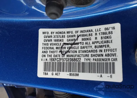 2016 Honda Civic Lx z USA, uszkodzony, nr VIN 19XFC2F57GE068622